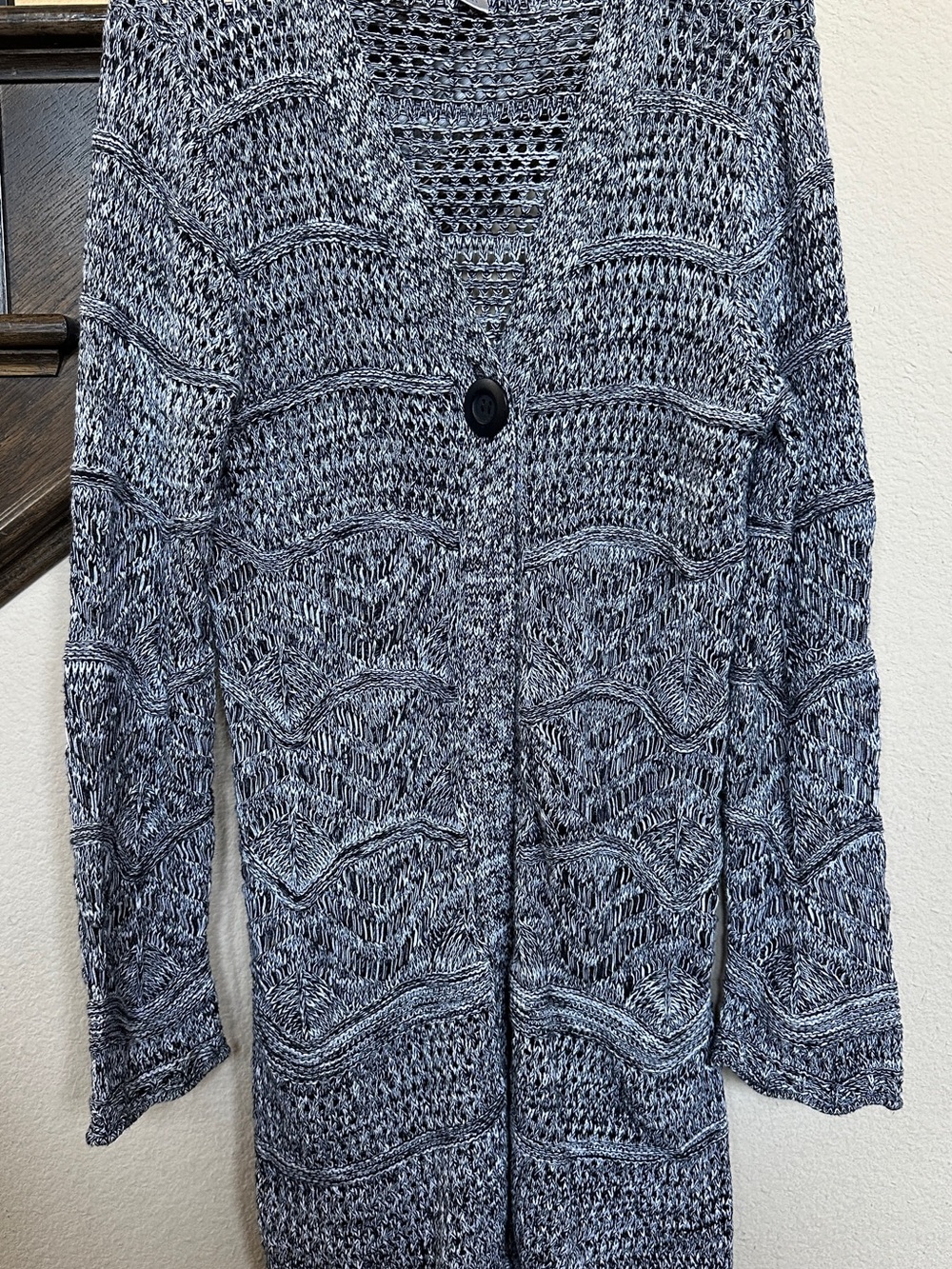 Chico’s Black White Open-Knit Cotton Duster Cardigan Long Sleeve size 2 Large L